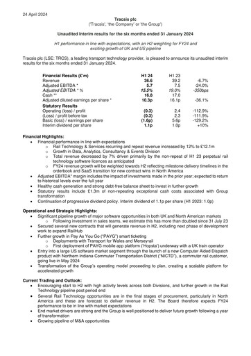 Miniature Tracsis Rapport semestriel 2024-h1