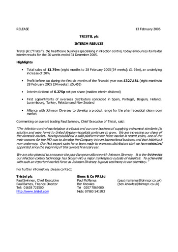 Thumbnail Tristel Half-year Report fy2006-h1