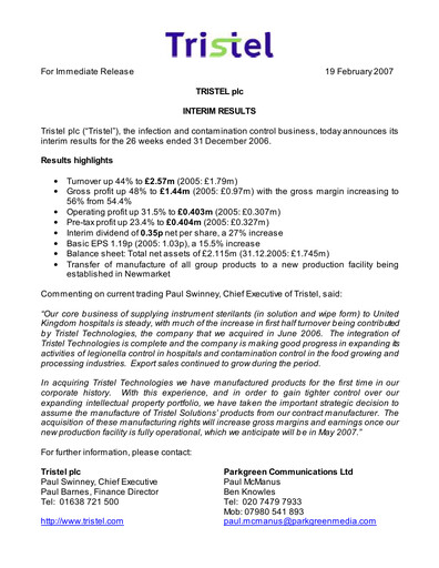 Thumbnail Tristel Half-year Report fy2007-h1