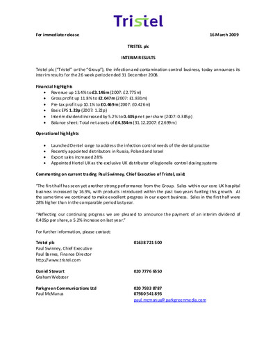 Thumbnail Tristel Half-year Report fy2009-h1