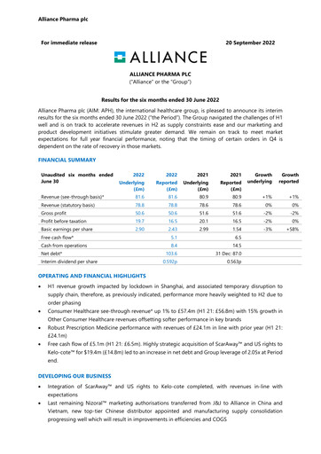 Miniature Alliance Pharma Rapport semestriel 2022-h1