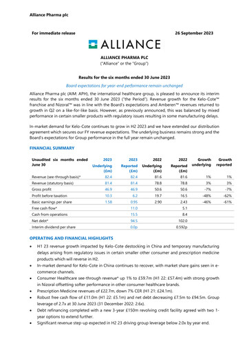 Miniature Alliance Pharma Rapport semestriel 2023-h1