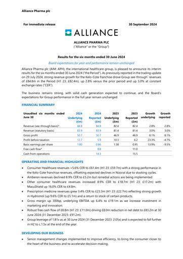 Miniature Alliance Pharma Rapport semestriel 2024-h1