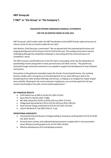 Miniature H&T Group plc Rapport semestriel 2015-h1
