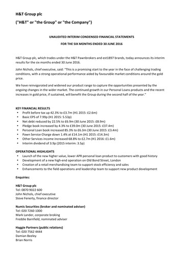 Miniature H&T Group plc Rapport semestriel 2016-h1