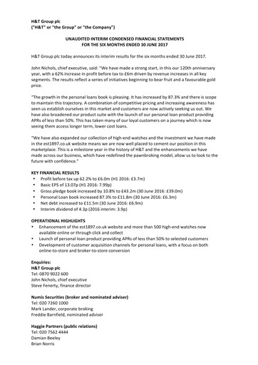 Miniature H&T Group plc Rapport semestriel 2017-h1