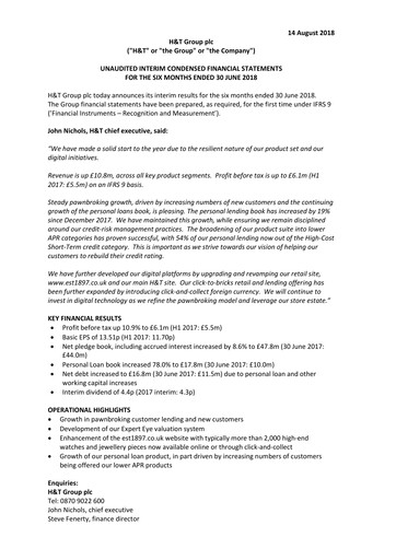 Miniature H&T Group plc Rapport semestriel 2018-h1