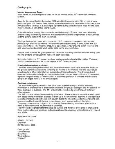 Thumbnail Castings P.L.C. Half-year Report 2009-h1