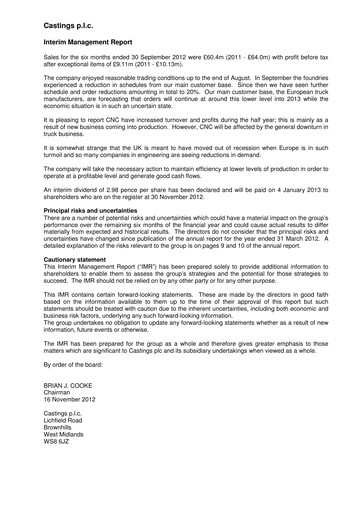 Thumbnail Castings P.L.C. Half-year Report 2012-h1