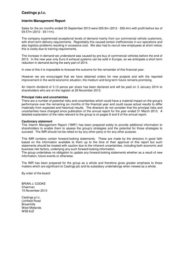 Thumbnail Castings P.L.C. Half-year Report 2013-h1