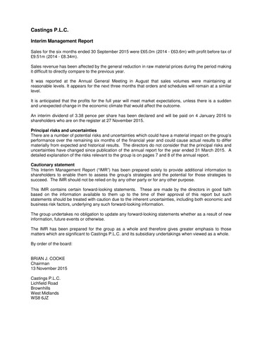 Thumbnail Castings P.L.C. Half-year Report 2015-h1