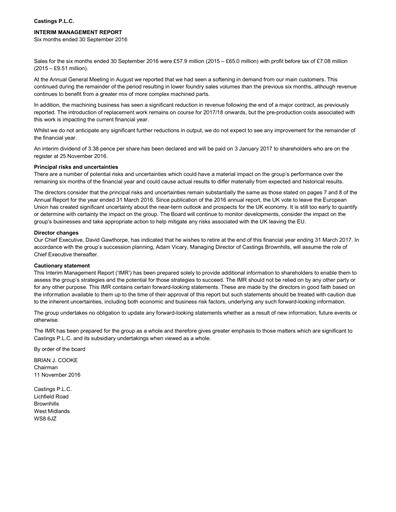 Thumbnail Castings P.L.C. Half-year Report 2016-h1