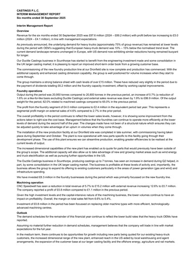 Thumbnail Castings P.L.C. Half-year Report 2025-h1
