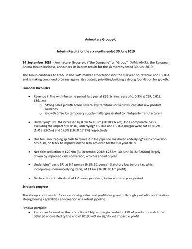 Thumbnail Animalcare Group Half-year Report 2019-h1