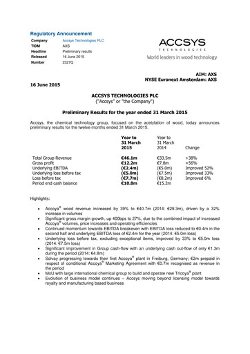 Thumbnail Accsys Technologies Financial Report 2015