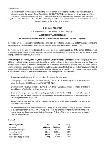 Vorschaubild The Pebble Group plc Finanzbericht 2023