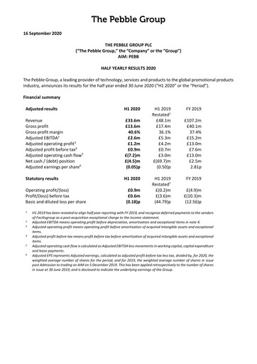 Thumbnail The Pebble Group plc Half-year Report 2020-h1