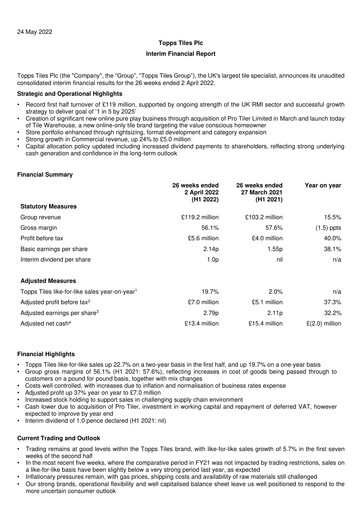 Thumbnail Topps Tiles Half-year Report 2022-h1