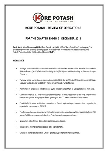 Vorschaubild Kore Potash plc Quartalsbericht 2016-q4