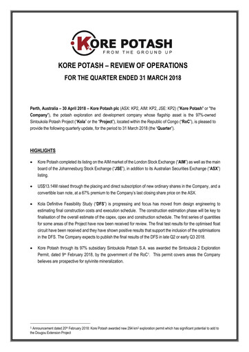 Vorschaubild Kore Potash plc Quartalsbericht 2018-q1