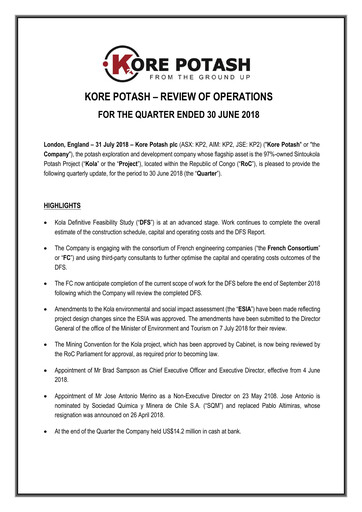 Vorschaubild Kore Potash plc Quartalsbericht 2018-q2