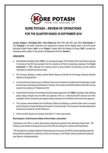 Vorschaubild Kore Potash plc Quartalsbericht 2018-q3