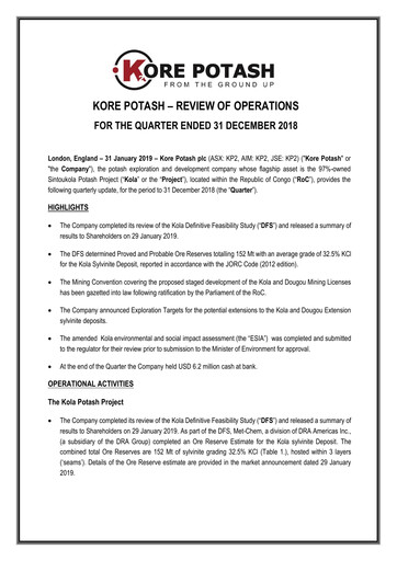 Vorschaubild Kore Potash plc Quartalsbericht 2018-q4