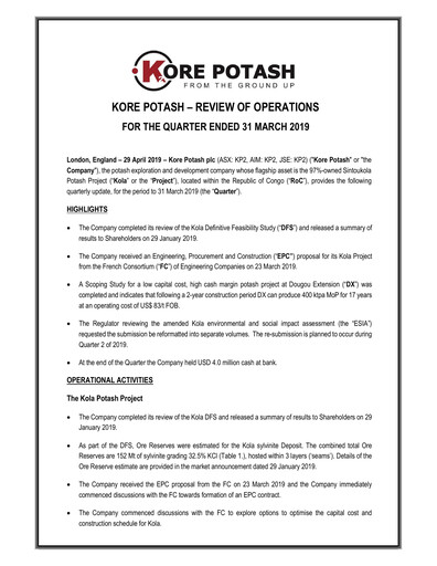 Vorschaubild Kore Potash plc Quartalsbericht 2019-q1