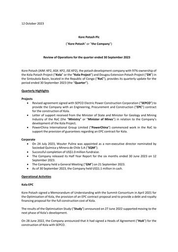 Vorschaubild Kore Potash plc Quartalsbericht 2023-q3