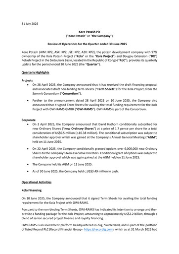 Vorschaubild Kore Potash plc Quartalsbericht 2025-q2
