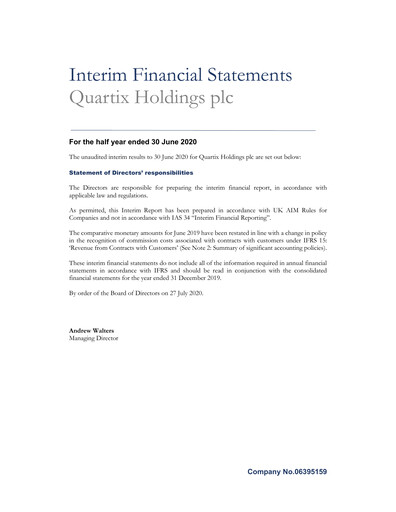 Miniature Quartix Technologies Rapport semestriel 2020-h1