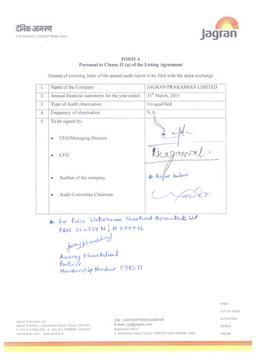 Thumbnail Jagran Prakashan Annual Report 2014-2015
