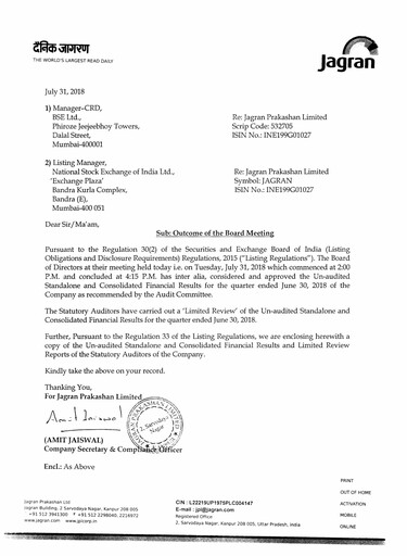 Thumbnail Jagran Prakashan Quarterly Report 2018-q1