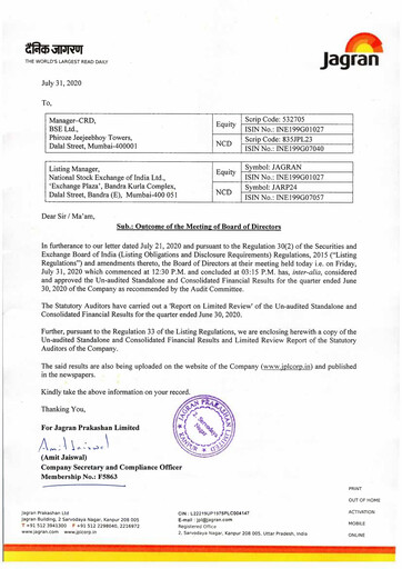 Thumbnail Jagran Prakashan Quarterly Report 2020-q1