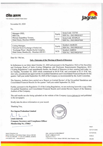 Thumbnail Jagran Prakashan Quarterly Report 2020-q2