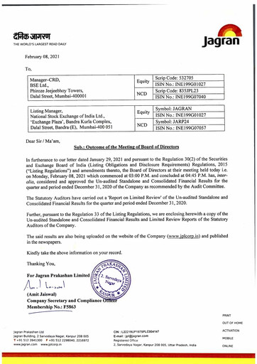 Thumbnail Jagran Prakashan Quarterly Report 2020-q3