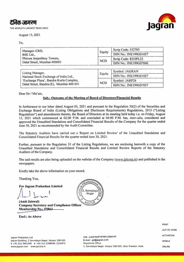 Thumbnail Jagran Prakashan Quarterly Report 2021-q1