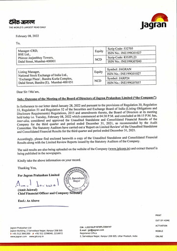 Thumbnail Jagran Prakashan Quarterly Report 2021-q3