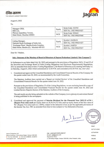 Thumbnail Jagran Prakashan Quarterly Report 2022-q1