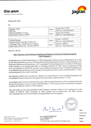 Thumbnail Jagran Prakashan Quarterly Report 2022-q3
