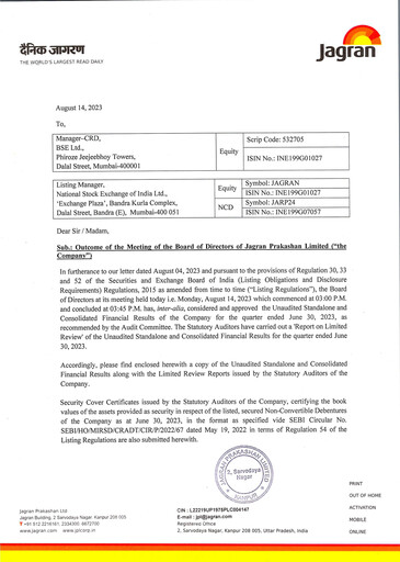 Thumbnail Jagran Prakashan Quarterly Report 2023-q1