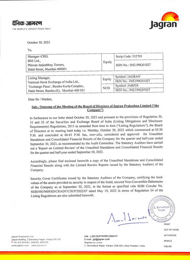 Thumbnail Jagran Prakashan Quarterly Report 2023-q2