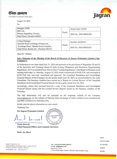 Thumbnail Jagran Prakashan Quarterly Report 2024-q1