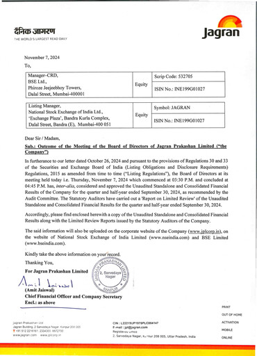 Thumbnail Jagran Prakashan Quarterly Report 2024-q2