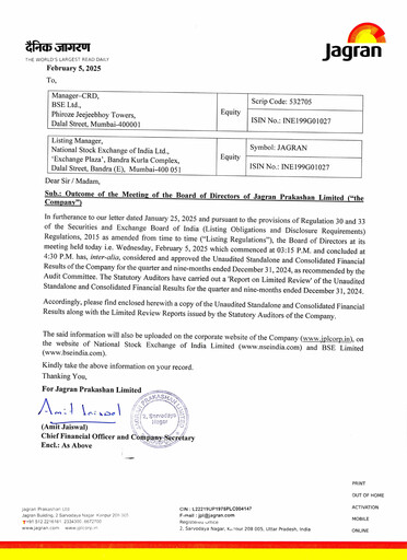 Thumbnail Jagran Prakashan Quarterly Report 2024-q3