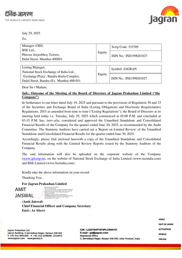 Thumbnail Jagran Prakashan Quarterly Report 2025-q2