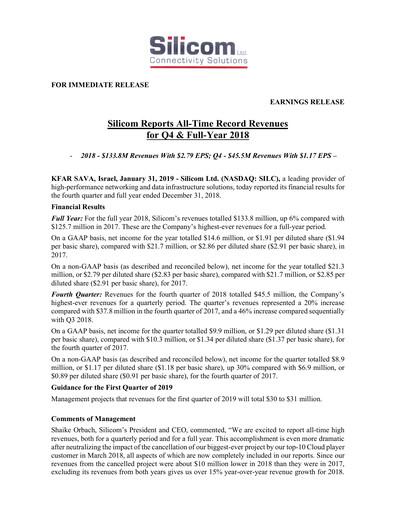 Thumbnail Silicom Quarterly Report 2018-q4