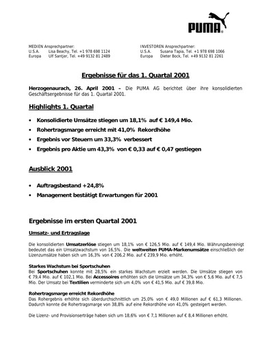 Vorschaubild PUMA Quartalsbericht 2001-q1