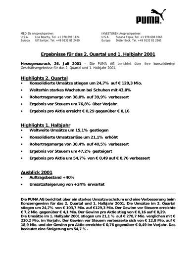 Vorschaubild PUMA Quartalsbericht 2001-q2