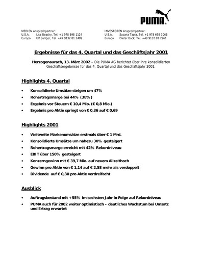Vorschaubild PUMA Quartalsbericht 2001-q4